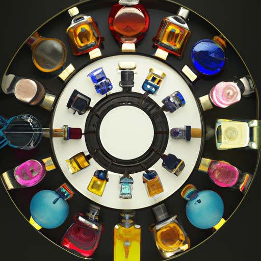 צילום עילי של מערך בקבוקי בושם מסודרים במבנה מעגלי, עם צבעים עזים וצורות מעניינות.